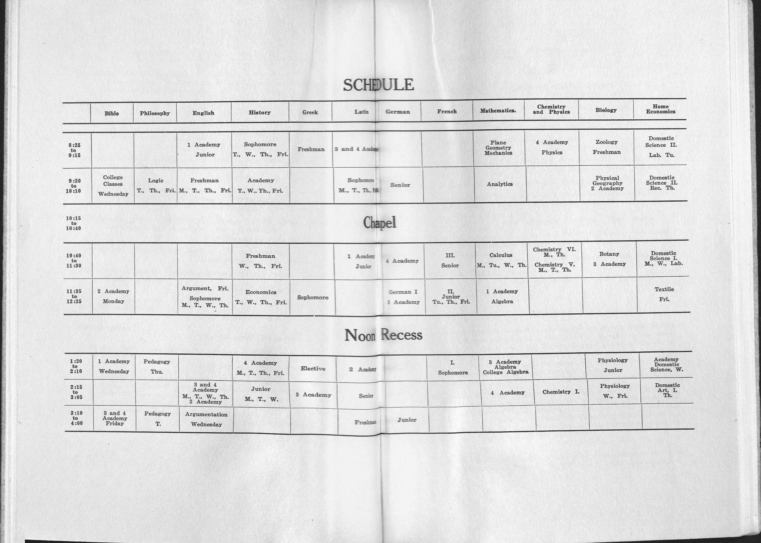 1913 class schedule in catalog